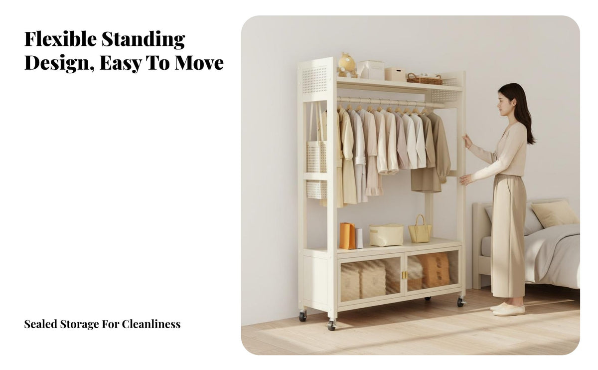 Multi-Functional Rolling Clothes Rack with Cabinet Heavy Duty Complimentary Standing Closet Organizer on Wheels Large Capacity Mobile Garment Rack with Shelves Steel Frame for Renters, Students, Adults, Apartment, Dorm Room, Entryway