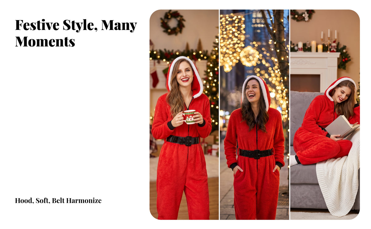 Christmas-Themed Hooded Jumpsuit Costume | Convenient Front Zipper Closure, One-Piece Jumpsuit with Hood, for Holiday Events