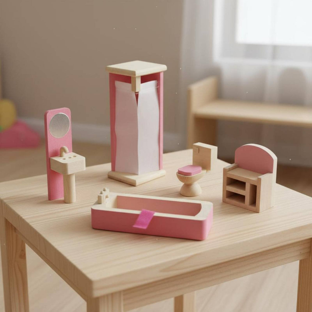 Wooden Dollhouse Furniture Set Realistic Design Wooden Toy Furniture Miniature Room Set Educational Dollhouse Room Accessories