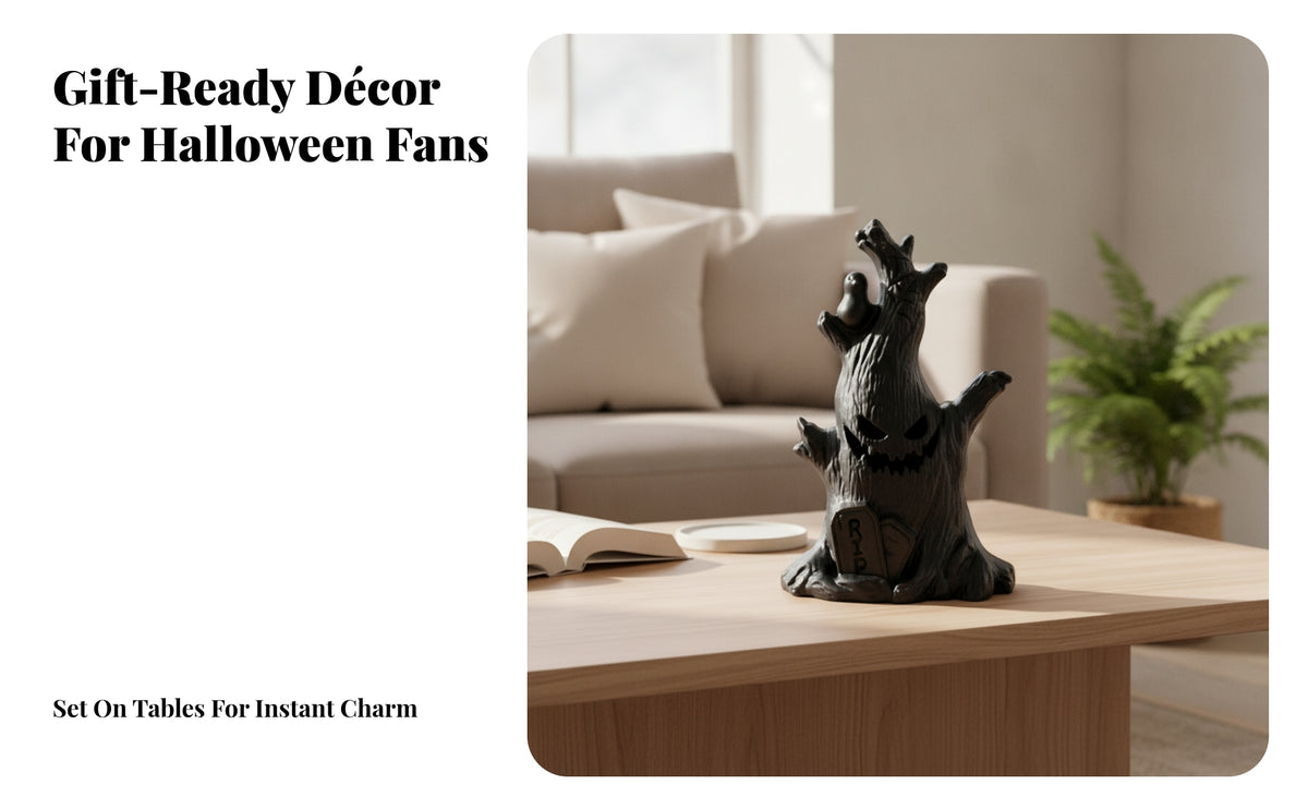 Spooky Stump Decoration with Spectral | Glowing-glowing eyes and Mouth, Molded tree surface Texture, Tree Stump Ornament, for Tabletop
