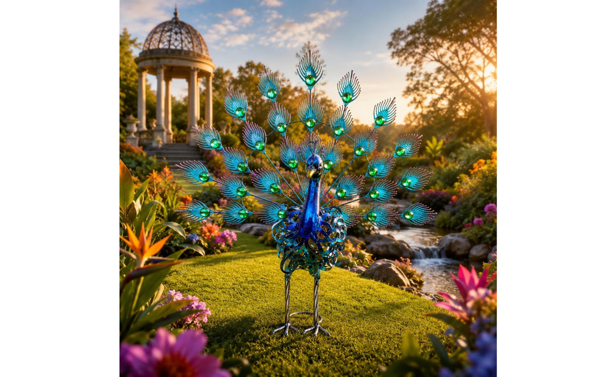 Bird Garden Sculpture Fan-Shaped Tail Metal Peacock Ornament Feather-Like Leaves