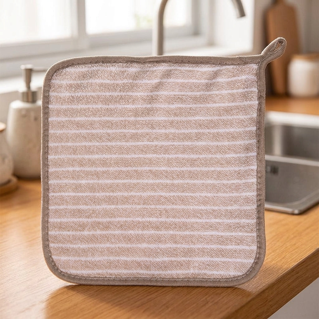 Striped Coral Fleece Dish Cloths, 30x30cm Non-linting Cloth for Pots and Bowls, Sturdy High Absorbency Kitchen Wipes with Handy Hanging Loop