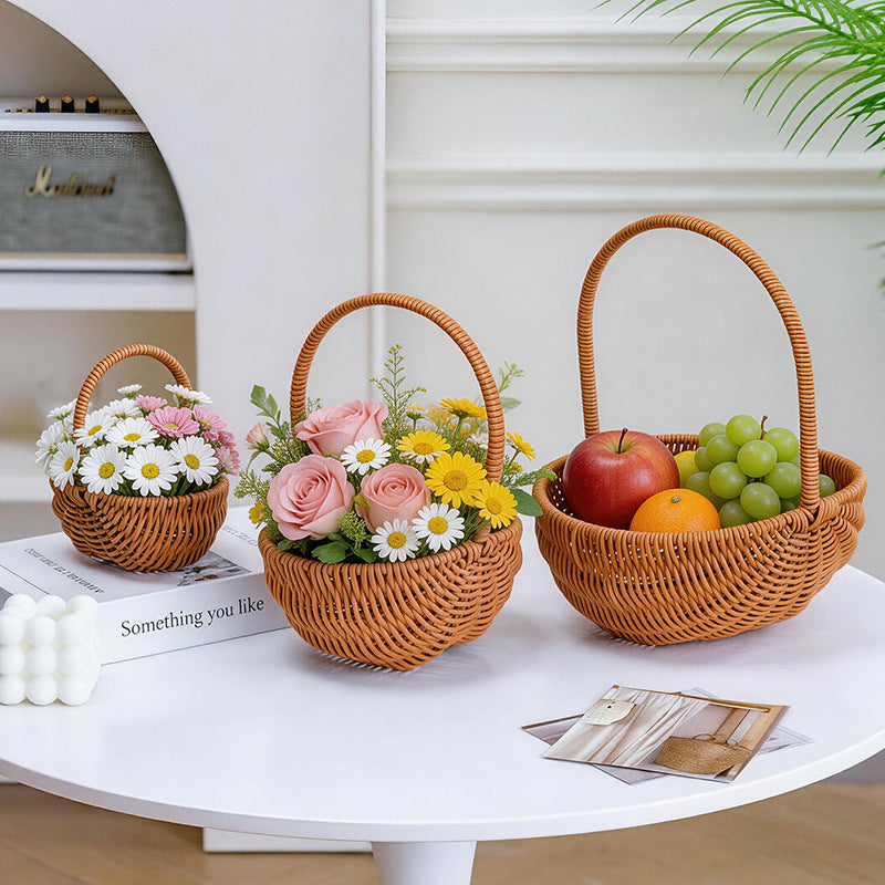 Rattan-look Woven Handled Basket for Garden Camping Picnic Storage Fruit Eggs Flower Arrangement