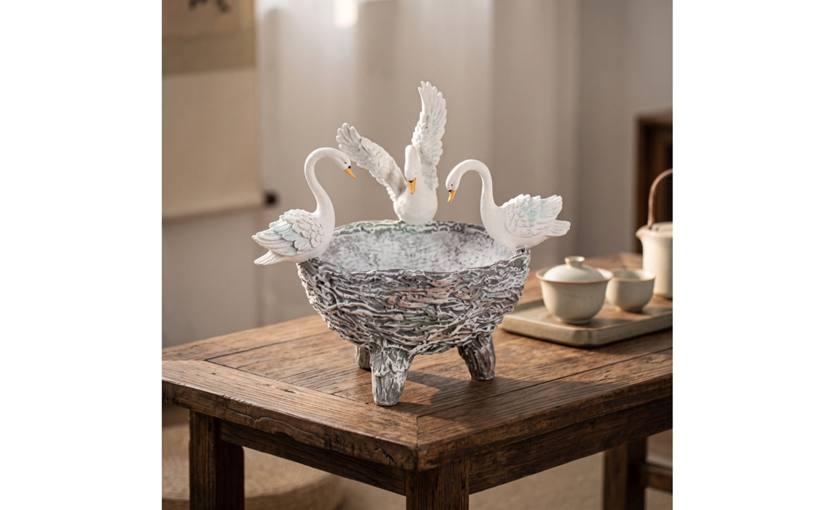 Planter with Bird Figurines Rustic Footed Planter Bowl Stone Look Centerpiece Bowl for Gardeners