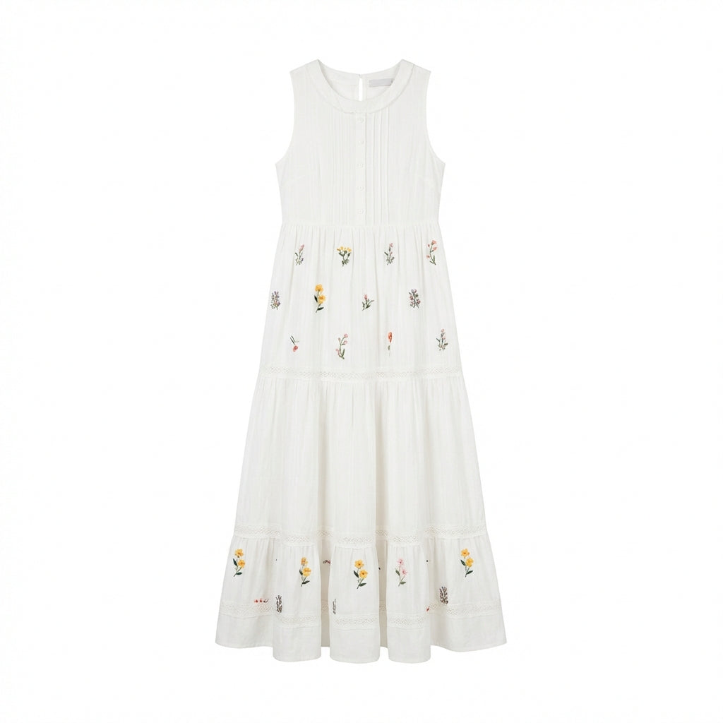 Lace Patchwork Long Dress Retro Design Embroidered Maxi Dress Lightweight women's Clothing for Young Adults, Teens, Vacation, Summer Outings