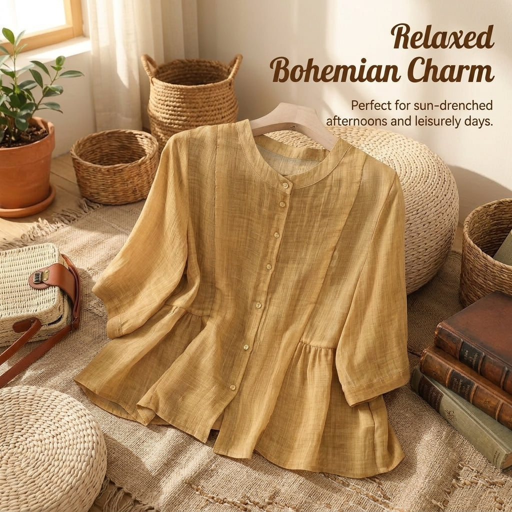 Blouses for Women UK Summer Tops with Stand Collar and Button Front, Half Sleeve Linen Shirt for Casual Wear, Tunic in Vintage Boho Style