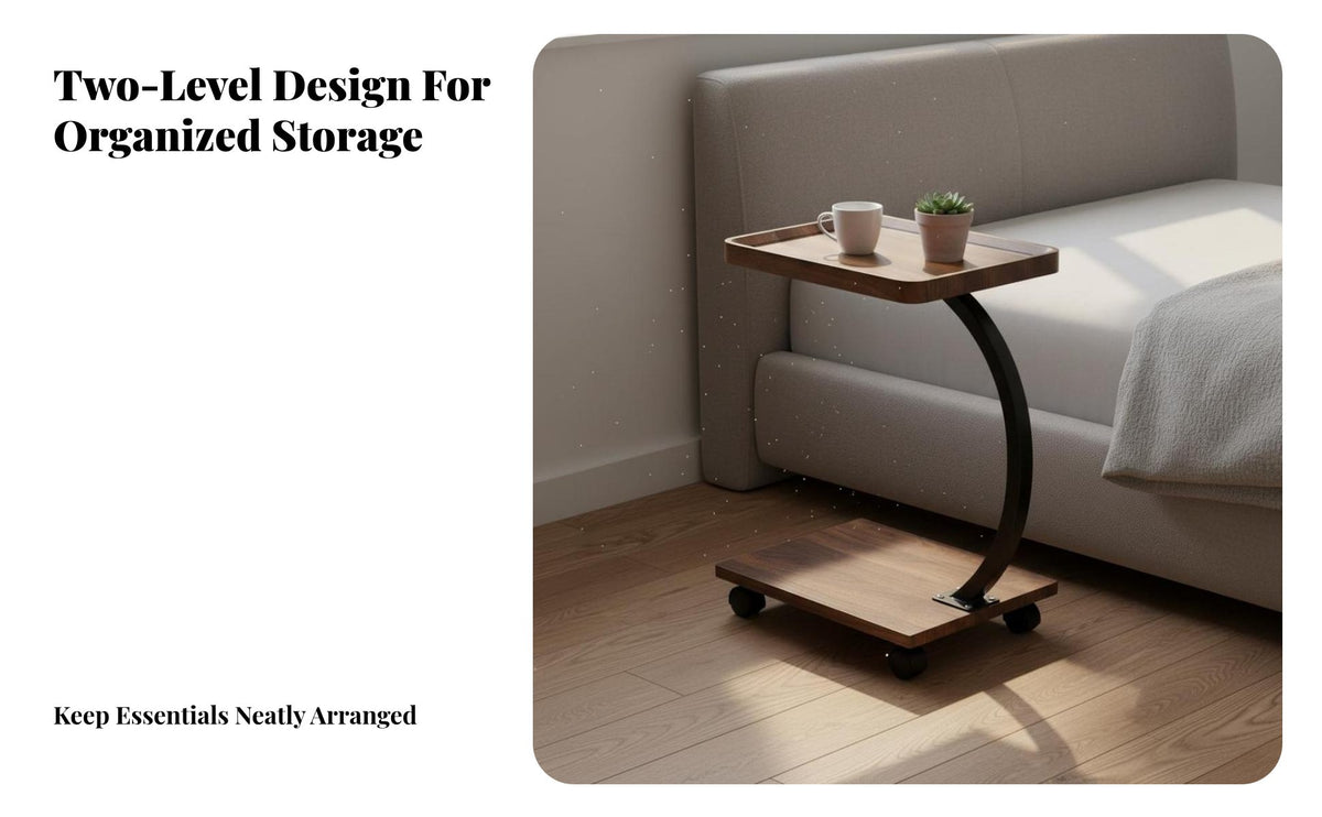 Modern Design C-Shaped Rolling Table 2-Tier Storage Living Room Furniture Movable with Wheels Couch Tray Multi-Functional for Apartment Dwellers, Homeowners, Students, Bedroom, Small Areas, Home Awayice