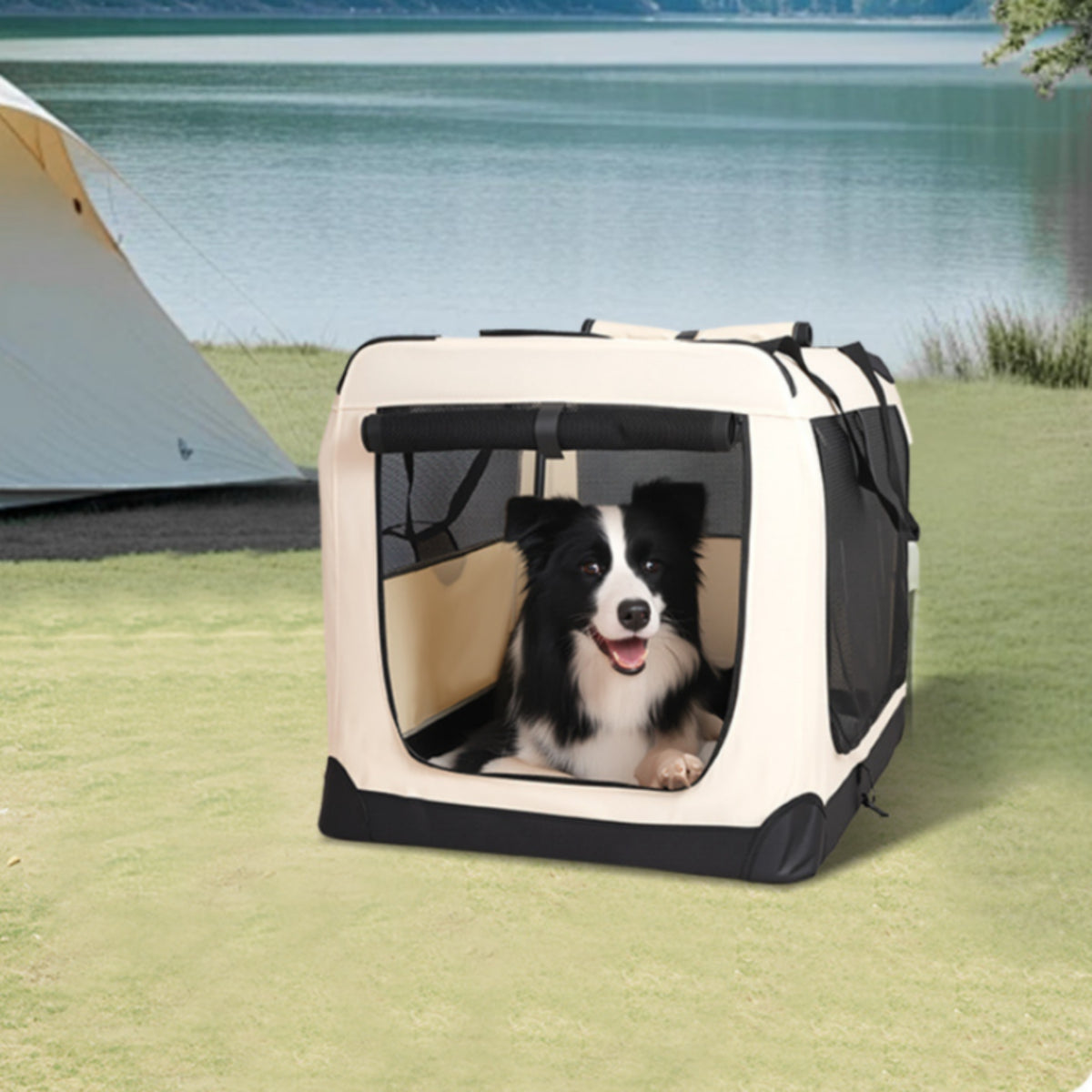 Soft-Sided Travel Crate Steel Frame Soft-Sided Pet Crate Folding Kennel Mesh Panels Pet Supplies Zippered Opening for Car Use