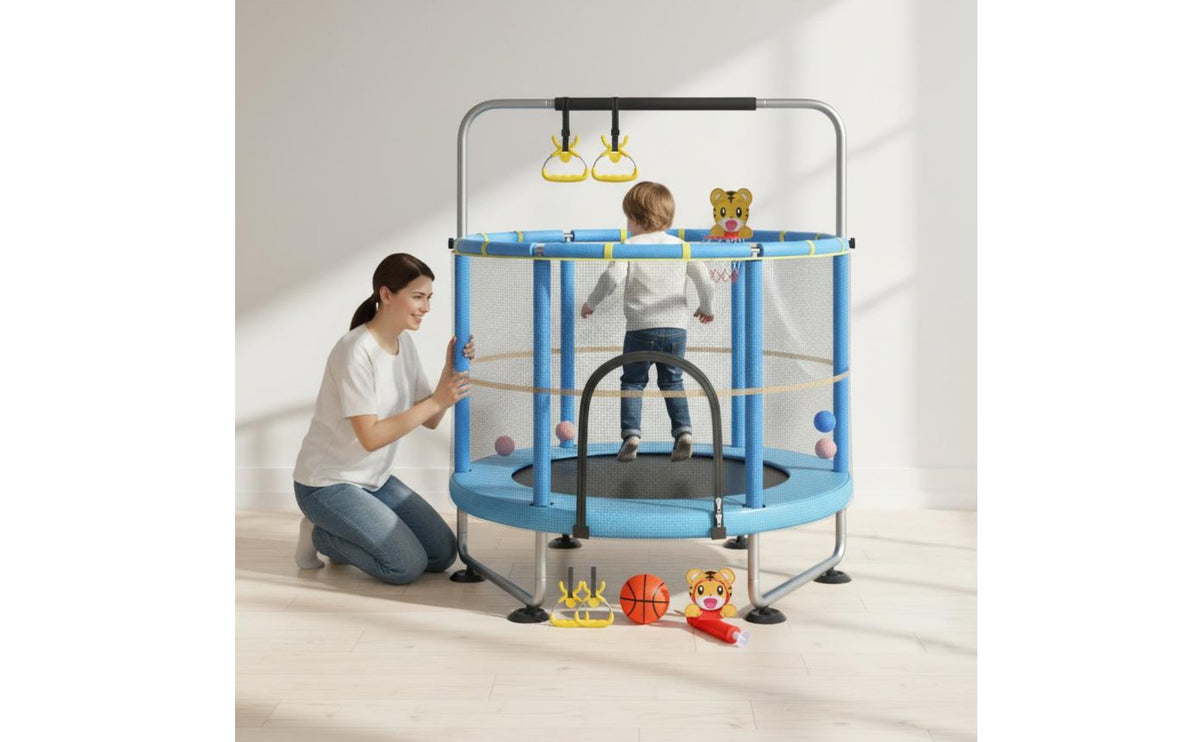 Stable Steel Frame Kids Trampoline with Safety Net Multi-Functional Mini Trampoline with Enclosure Children's Jumping Bed with Handlebar for Toddlers, Adults, Playroom, Home Gym