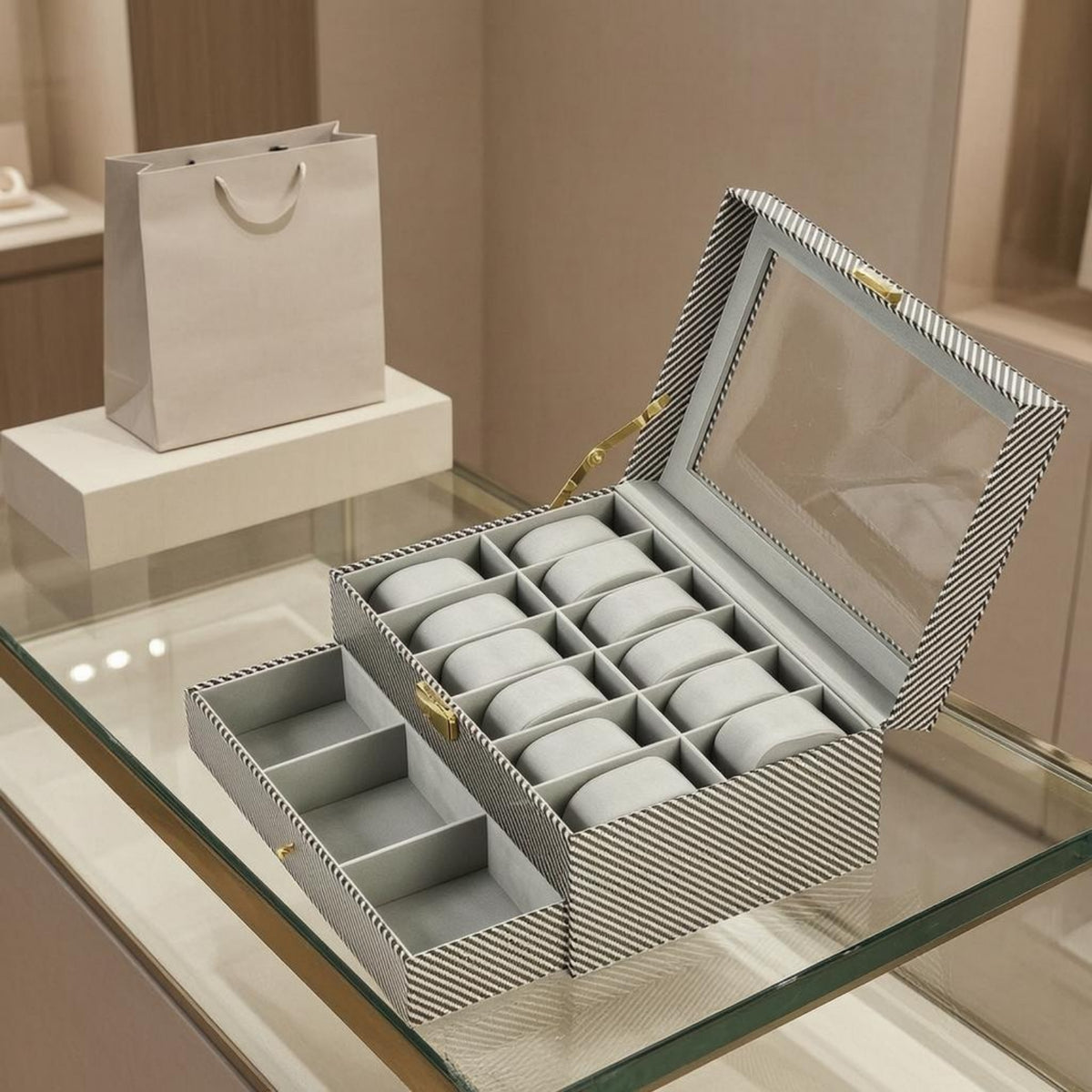 Gold-Tone Clasp Watch and Jewelry Case Gray Fabric Fabric-Lined Interior Watch Box with Drawer