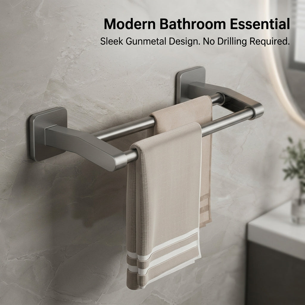 Washroom and Dorm Room Towel Rack for Students, Space Aluminum Double Bar for Bathroom 24 Inch or 18 No-Drill Self-Adhesive Storage