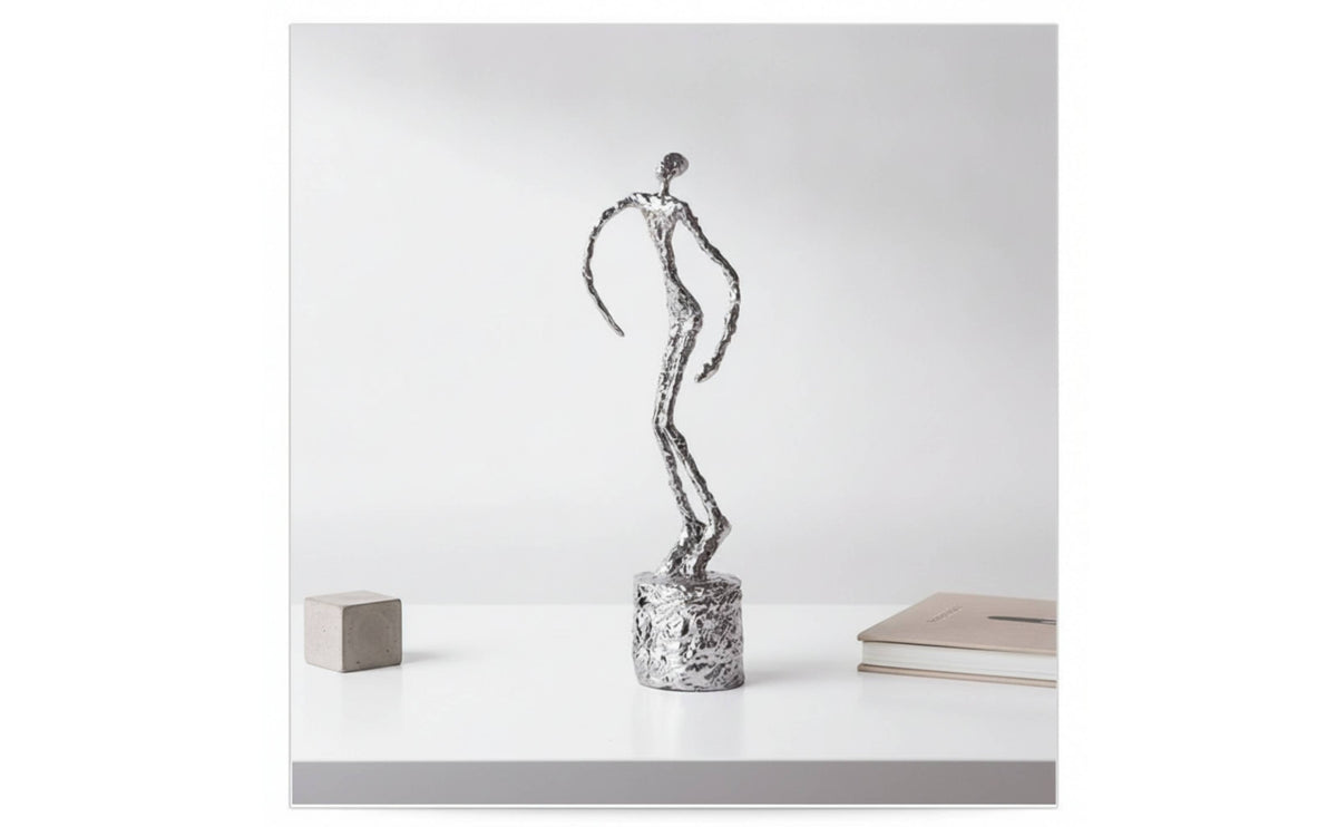 Human Figure Sculpture Metal-Like Sculpture with Cylindrical Base Contemporary