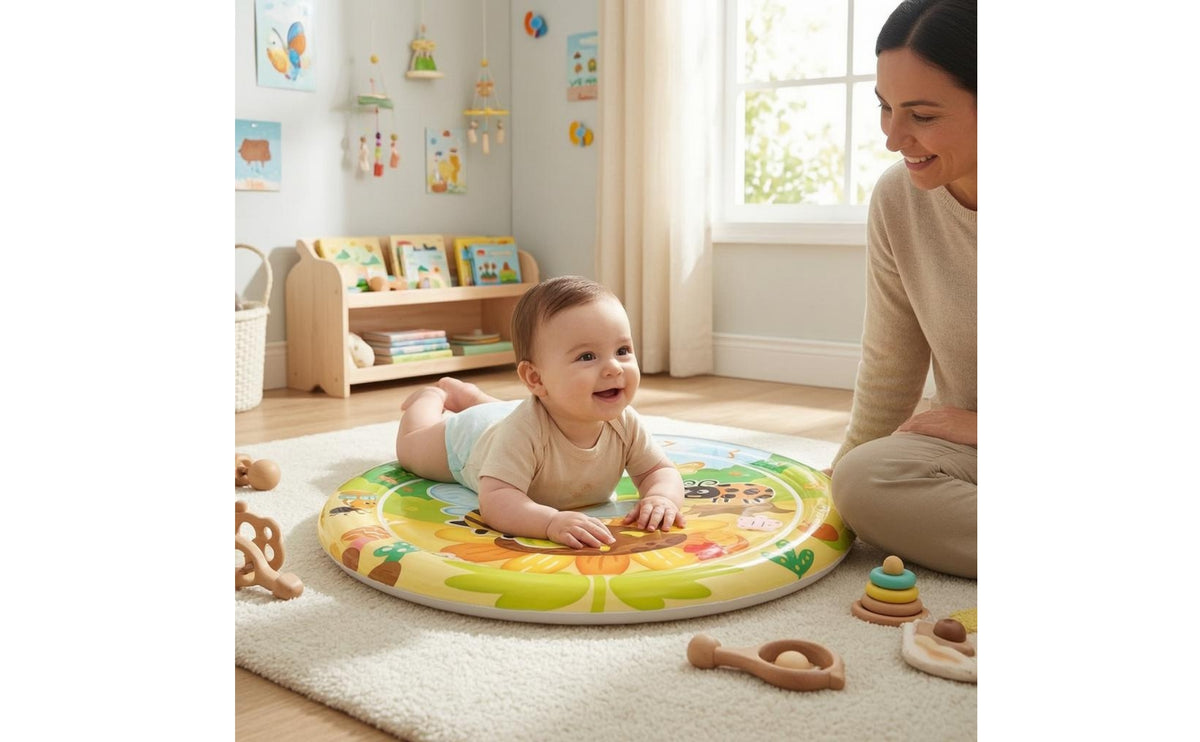 Air-Filled Loop Inflatable Baby Water Play Mat Clear Center Inflatable Baby Water Mat Animal-Shaped Head Infant Toy Glossy for Infants, Floor Use