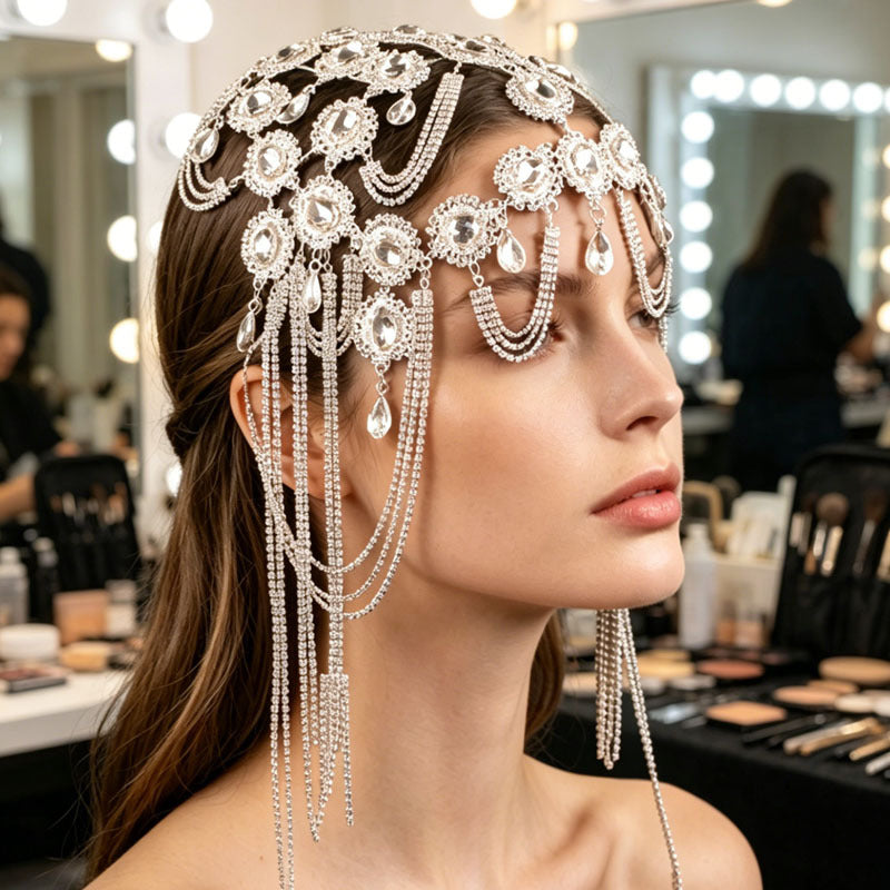 Crystal Fringe Hair Chain Headpiece for Bridal and Stage