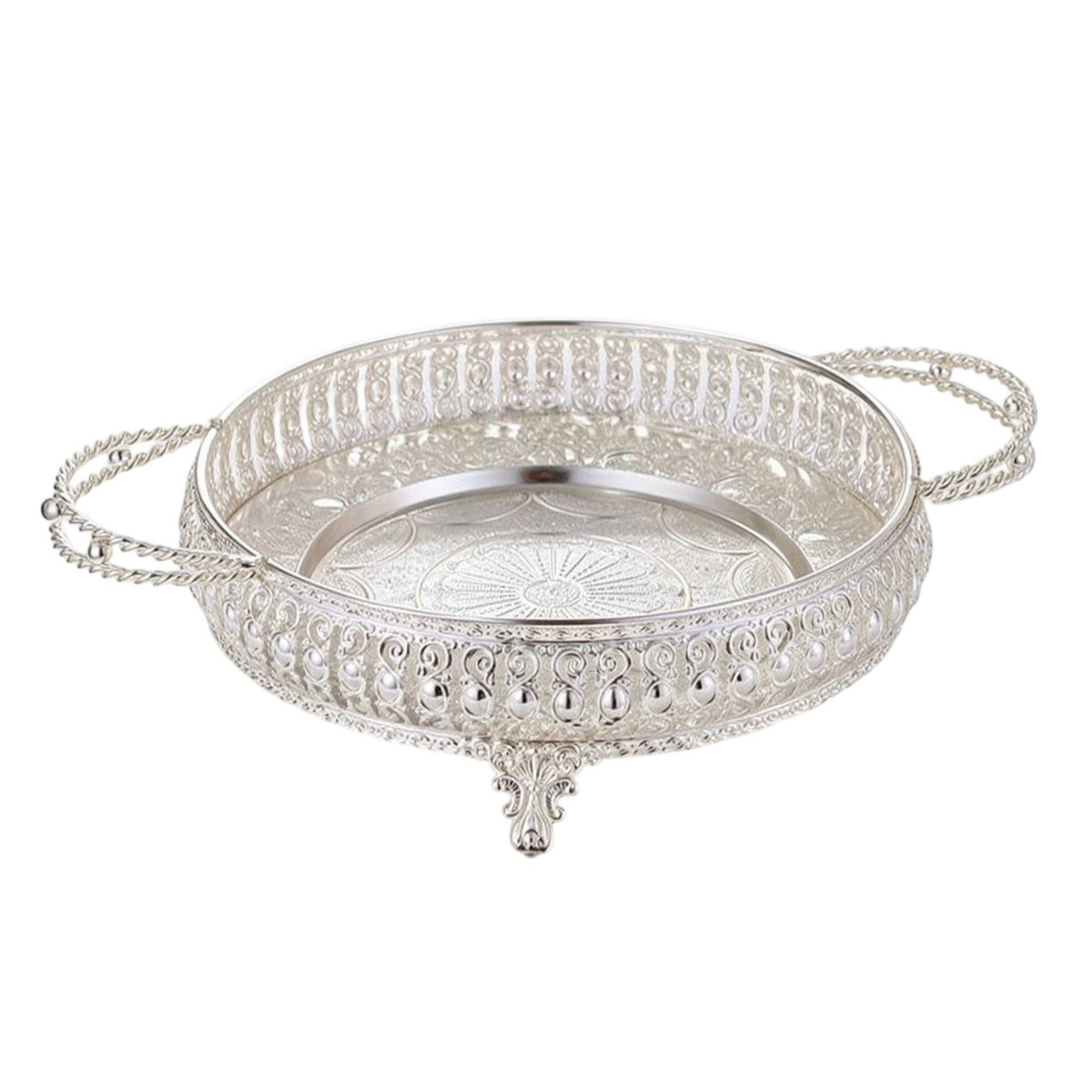 Footed Fruit Bowl with Handles Openwork Round Tray with Handles Embossed Round Display Tray Decorative for Hosts