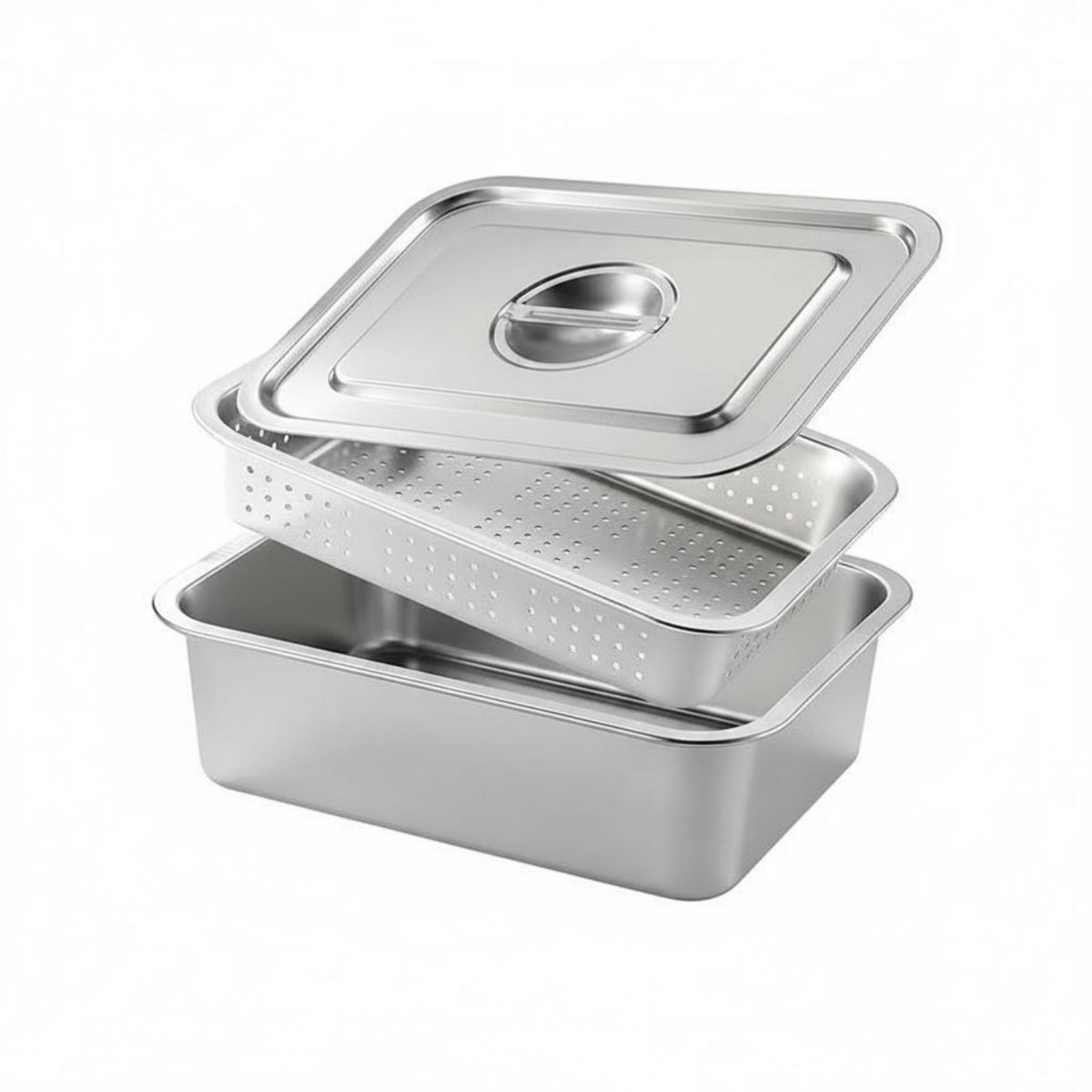 2 Pieces Easy to Clean Stainless Steel Drain Pan Set Heavy-Duty Perforated Draining Tray Oven Safe Deep Rectangular Steel Tub for Commercial Kitchens, Restaurant, Food Service