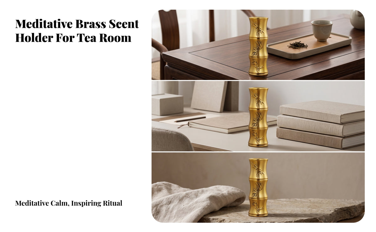 Gold-Toned Brass incense Cone Tube | Decorative Engraved Banding, Bamboo-Section scented cone Tube, for Home Altar