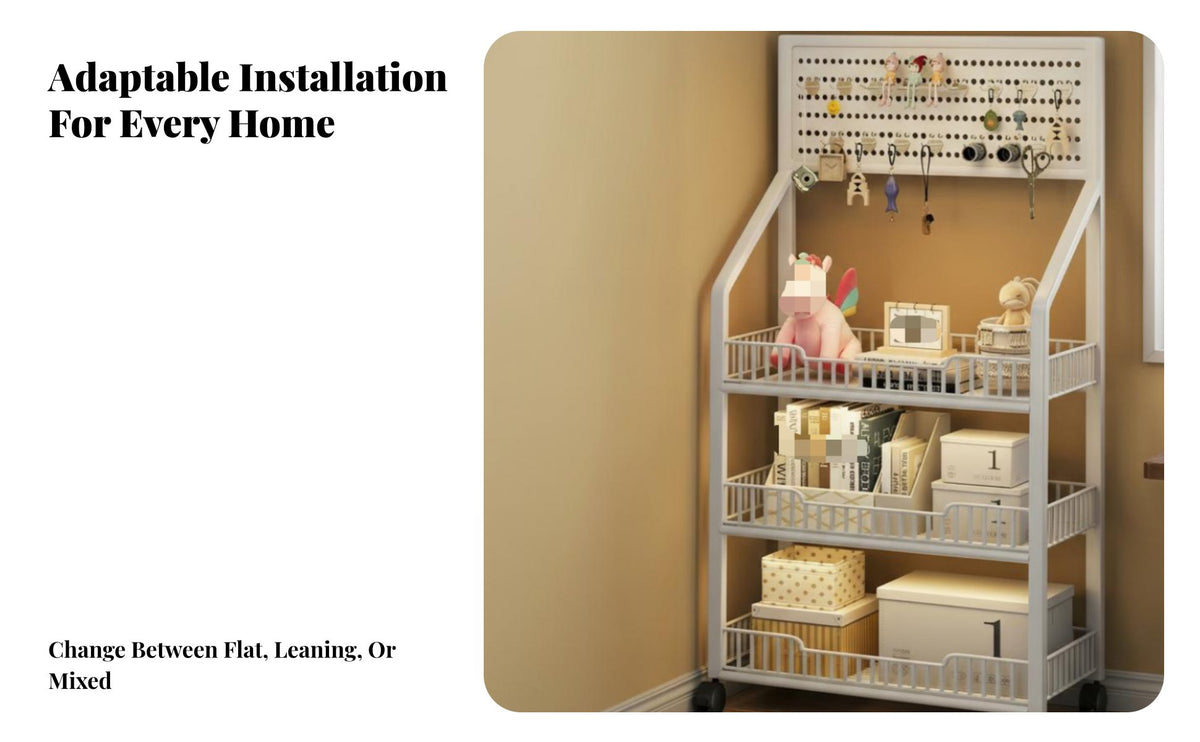 Movable with casters Multi-Tier Pegboard Trolley Space Saving Rolling Shelf adaptable Household Storage Easy Assembly for Students, Homeowners, Office Workers, Living Room, Bedroom, Kitchen, Classroom