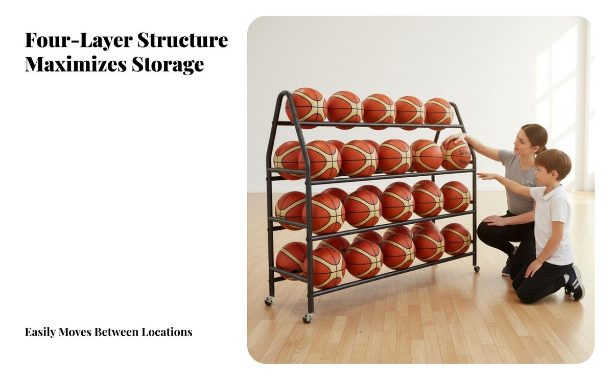 Large Capacity Rolling Ball Storage Cart Space Saving Basketball Organizer Rack Heavy Duty Rolling Ball Storage Rack for Students, Athletes, School, Gymnasium, Playground, Outdoor Training Area