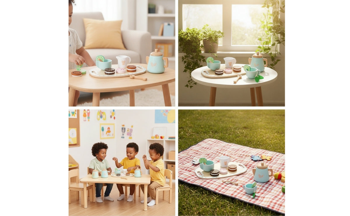 Role-Play Wooden Tea Party Set Educational Wooden Tea Set Educational Playset Imaginative for Preschoolers, Toddlers, Kids, Playroom, Daycare, Classroom