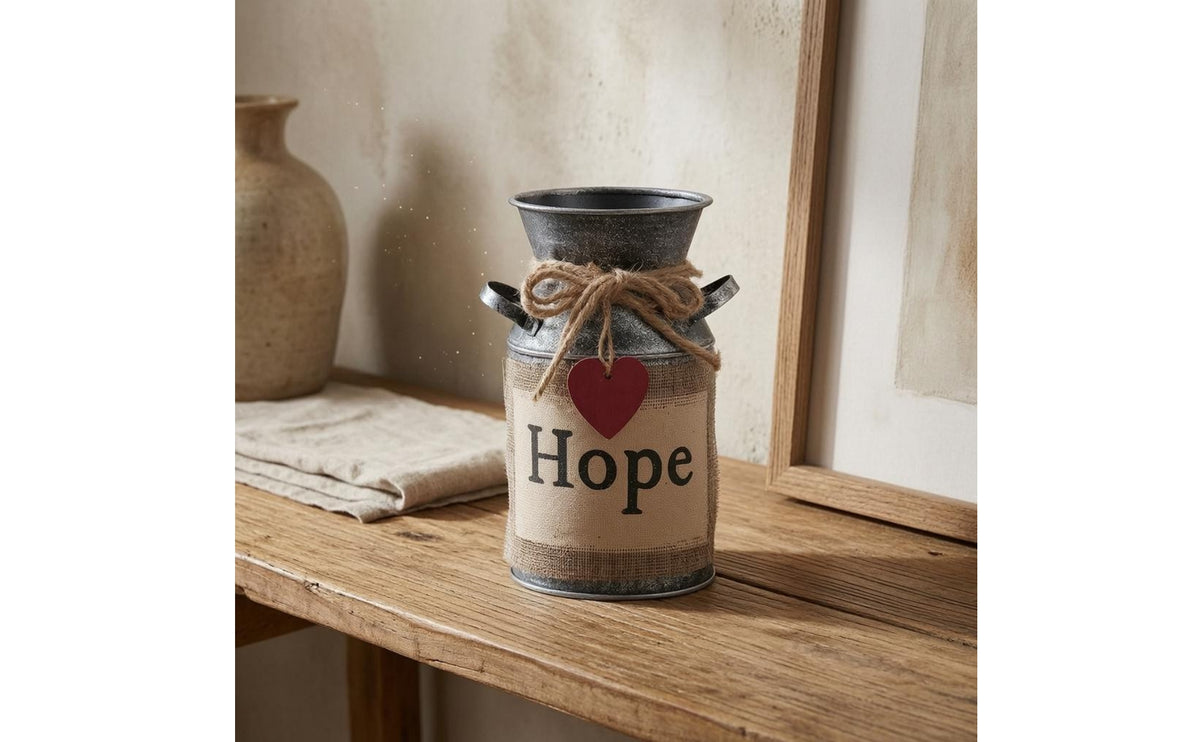 Galvanized Milk Can Vase Heart-Shaped Tag Home Decor Weathered