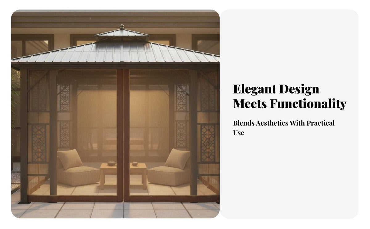 Fixed Roof Gazebo with Curtains New Chinese Design Fixed Roof Gazebo with Table and Benches Anti-Sunlight Protection Protection Garden Pavilion