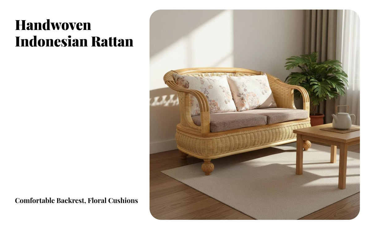 Chinese Design Wicker Couch Set Handmade Woven Rattan Furniture Set Includes Cushions for Homeowners, Families, Sunroom, Reception Area