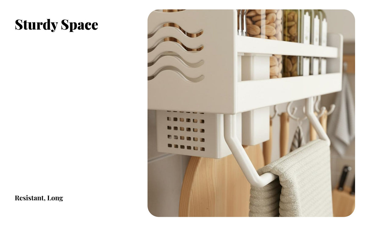 Drillno-Drill Installation Multifunctional Utensil Holder Multi-Functional Wall-Mounted Holder Space-Saving Kitchen Organizer Includes Hooks for Apartment Dwellers, Organization Enthusiasts, over the Counter, Pantry, Bathroom, Entryway