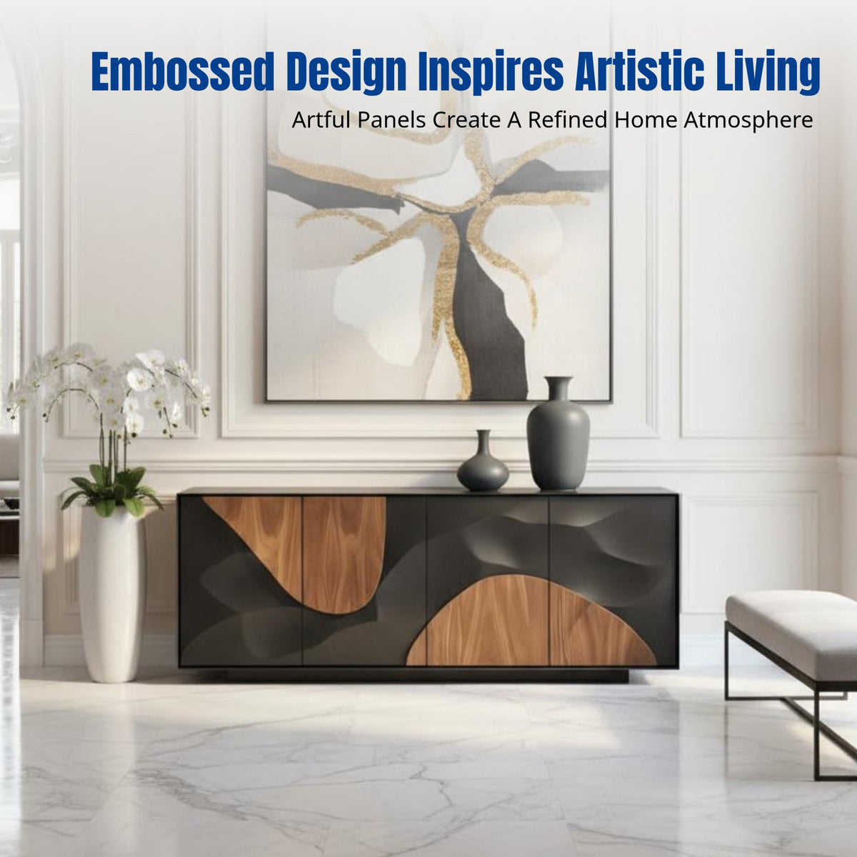 Hardwood Entryway Cabinet, Embossed Designer Storage, Luxury Villa Sideboard, Living Room Decor