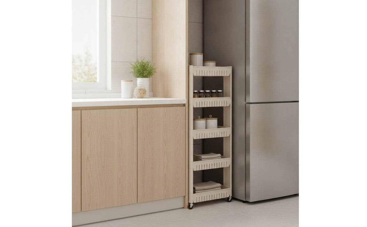 Narrow Rolling Cart Five-Tier Storage Cart Space-Saving Rolling Storage Rack for Washroom, Laundry Room, Apartments