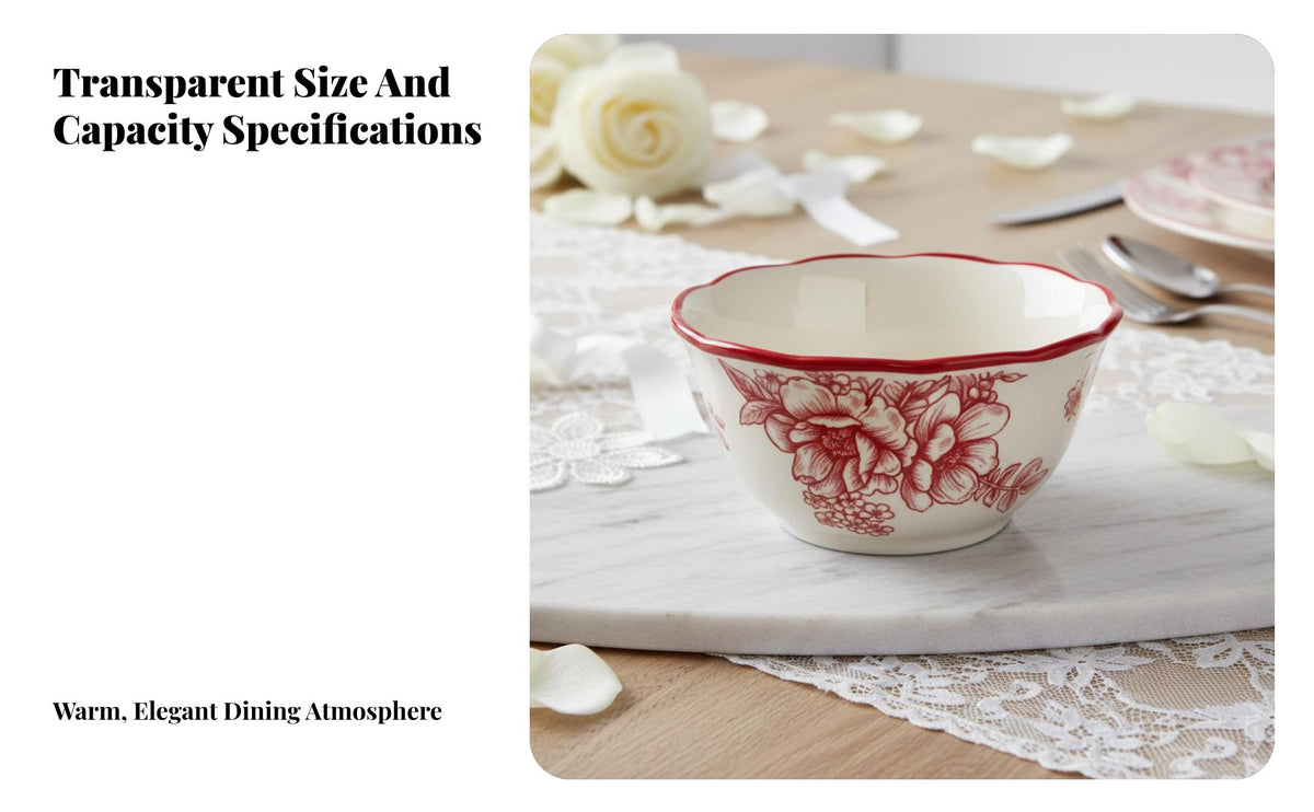 Wedding Dinnerware Set, Red Floral Ceramic Bowls & Plates, Festive Gift for Newlyweds, Engagement, Housewarming