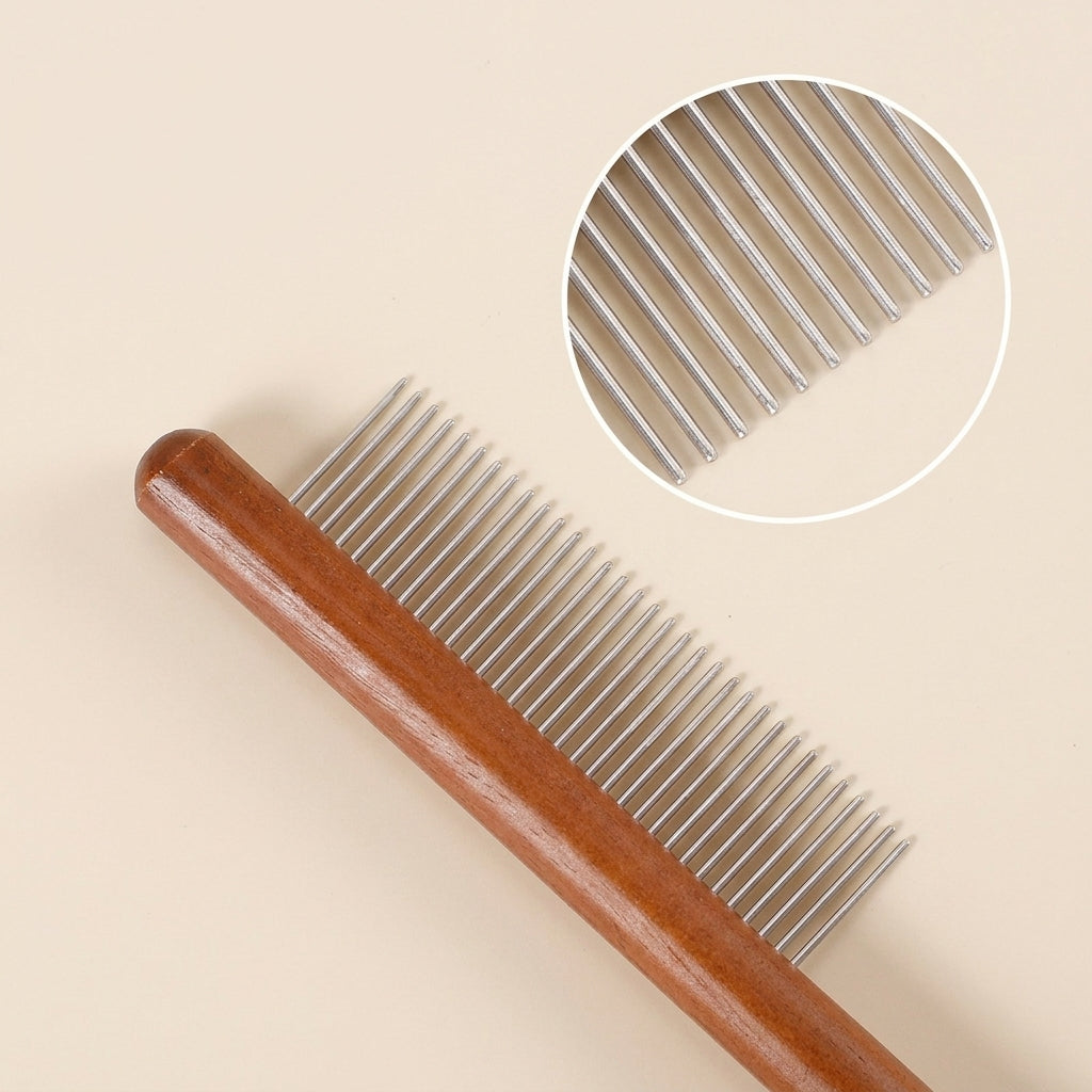 Cat Brush and Dog Brush for Professional Dog Grooming, Steel Tooth Hair Comb with Solid Wood Handle, Single Sided Dog Comb for Haired Cats, 1pc
