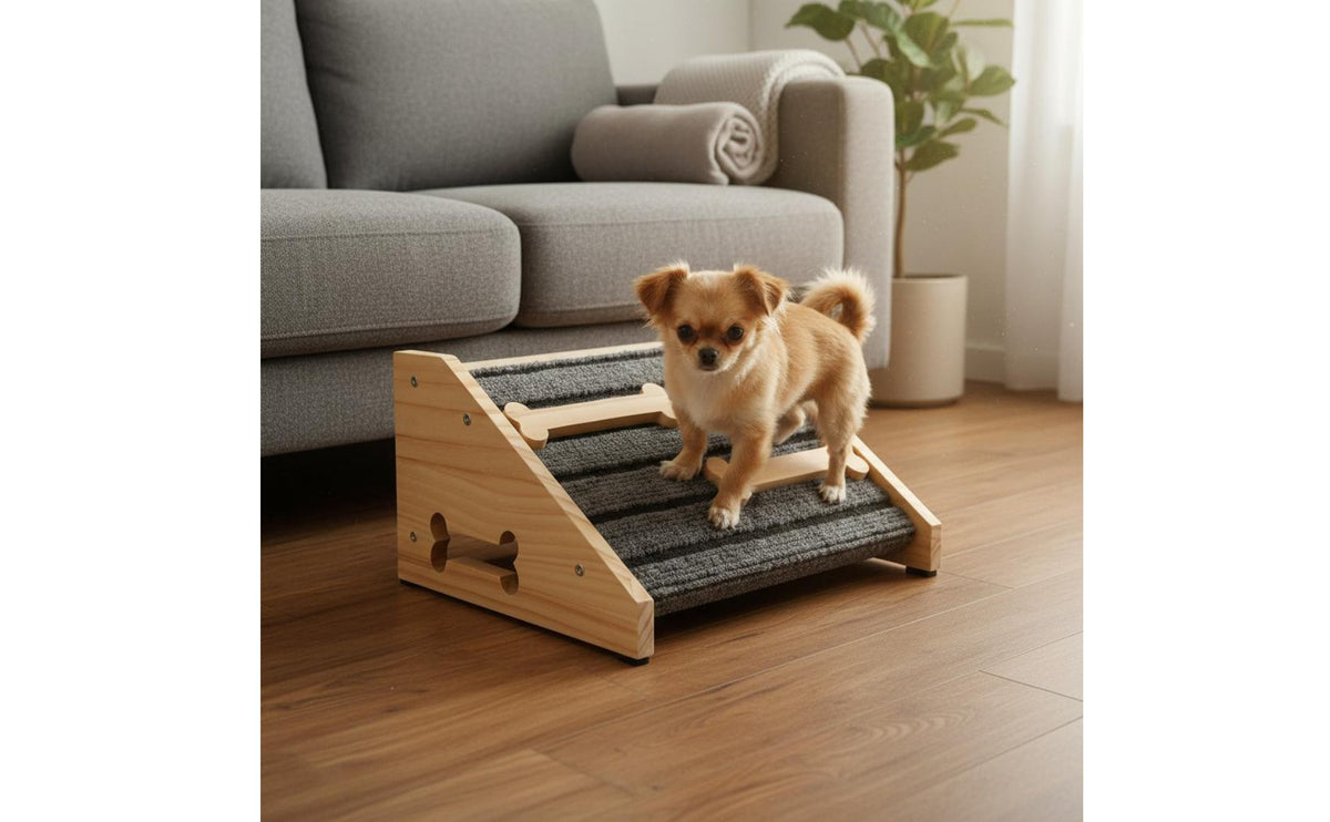 Gentle Slope Wooden Dog Stair Ramp Reduces Strain Carpeted Pet Step Ramp for Small Pets
