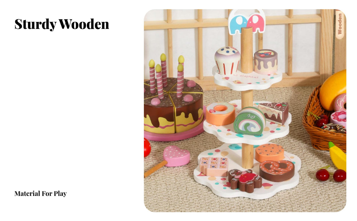 Realistic Design Toy Dessert Stand with Food Educational Pretend Play Dessert Shop Set Develops Social Skills 3-Tier Cake Stand Playset Inspires Creativity for Children, Preschoolers, Toddlers, Kindergarten, Playroom, Daycare