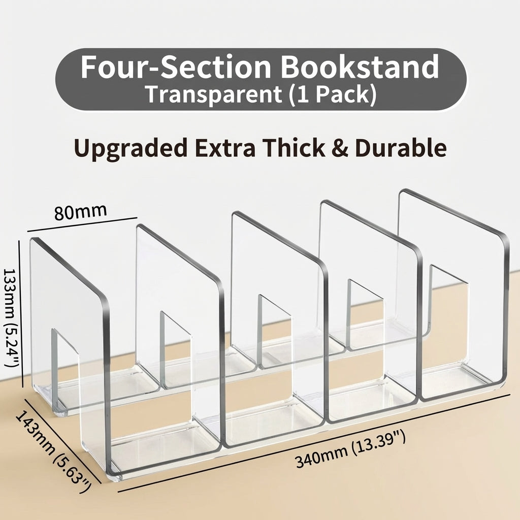 Study Table Book Stand Holder with Dividers, Four Compartment Organizer for Reading Desk, Upgraded Extra Thick Desktop Bookend
