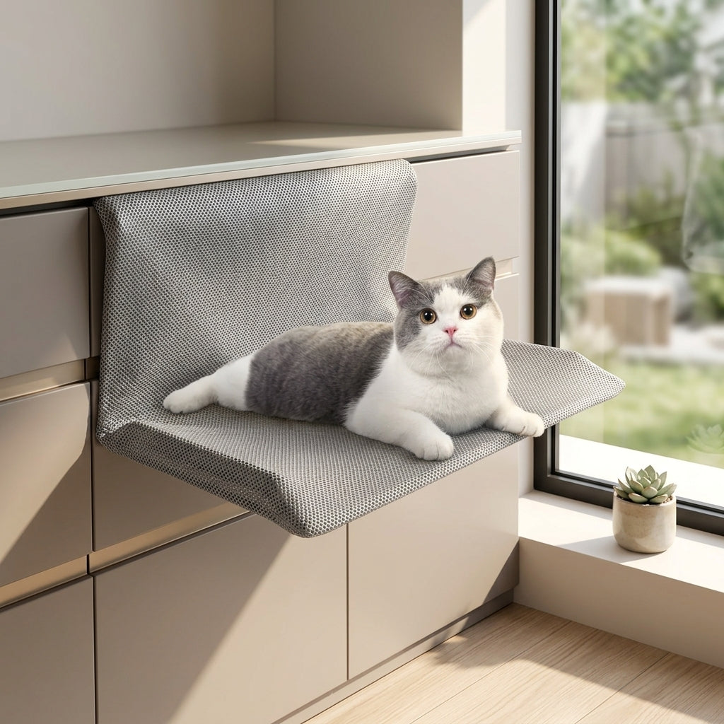 Hanging Cat Bed Window Hammock, Soft Rectangular Elevated Resting Place, Hooks Over Sill Mount for Indoor Cats and Kittens