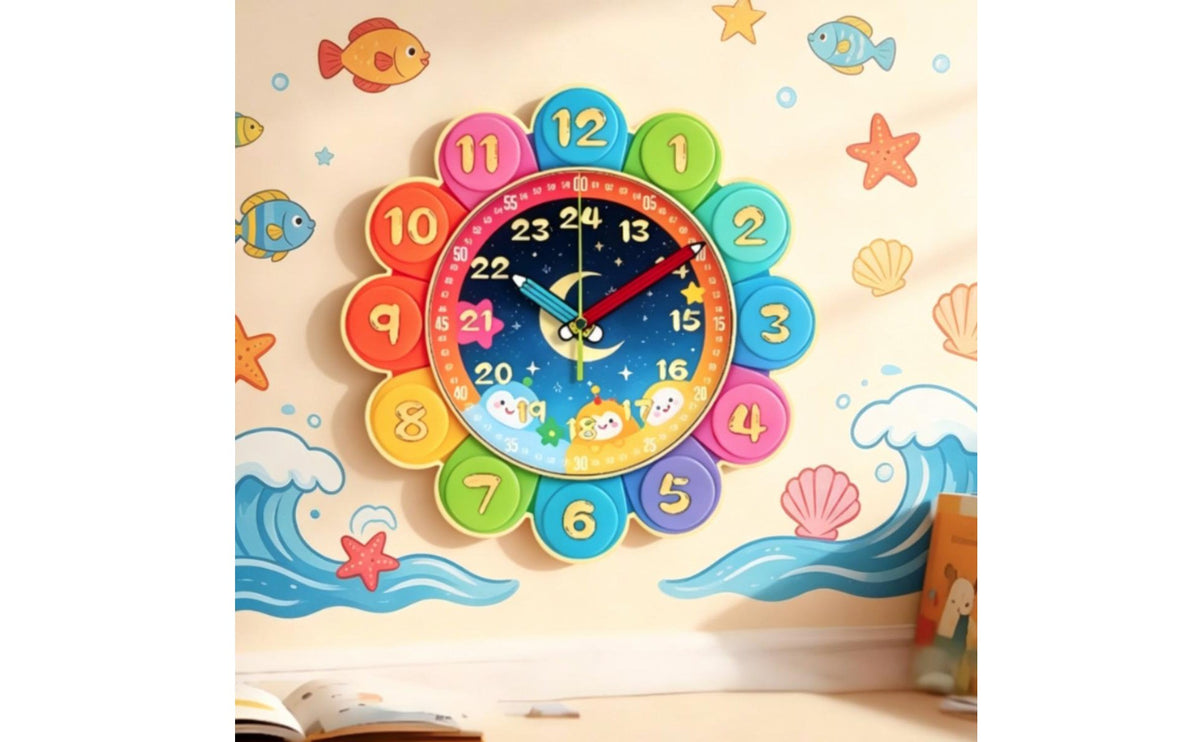 Children's Time Teaching Clock Easy to Learn Colorful Analog Teaching Timepiece Child Friendly for Young Children, Classroom, Nursery, Playroom