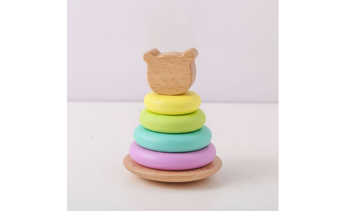 Wooden Stacking Toy with Bear Topper Early Learning Disc Stacker Rotating Stacker Toy Colour Sorting for Toddlers, Home