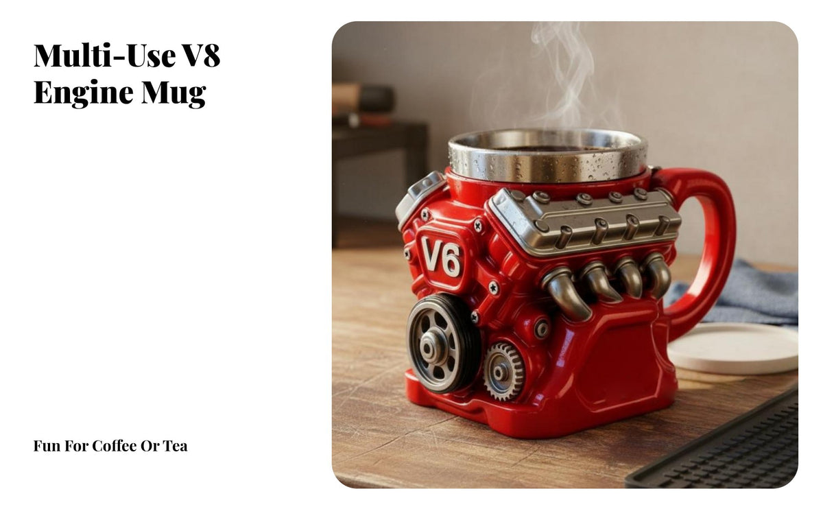 V8 Engine Mug Unique Design V8 Automotive Drinkware Mug Creative Gift Stainless Steel Lined Cup for Mechanics, Husbands, Man Cave, Garage, Workshop