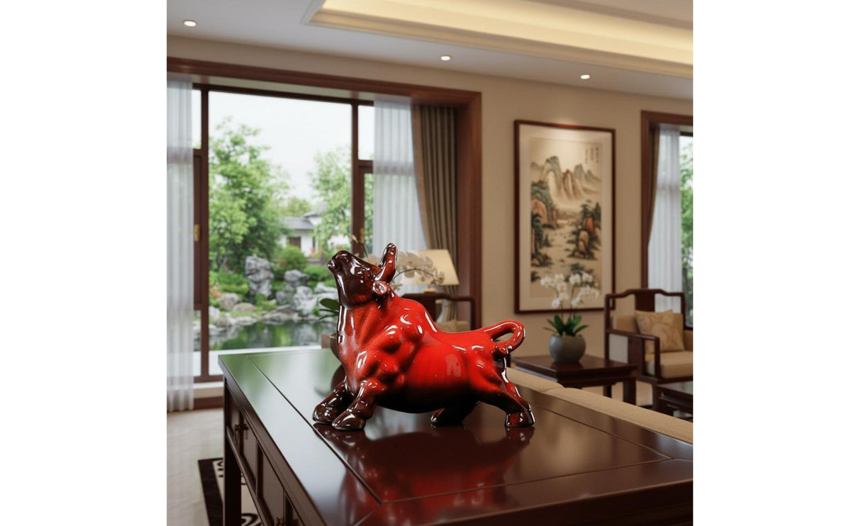 Astrological Ox Ornament Glossy Glaze Finish Chinese Astrological Ox Sculpture Handmade Craft Ceramic Bull Statue for Collectors