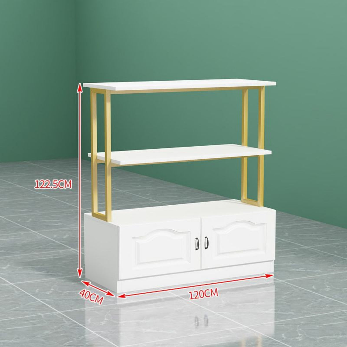 Minimalist Design Double-Sided Display Cabinet Large Storage Capacity Freestanding Island Display Easy to Assemble Multi-Layer Merchandise Rack Heavy-Duty for Salon Owners, Shopkeepers, Homeowners, Maternity and Baby Shop, Boutique, Showroom, Supermarket