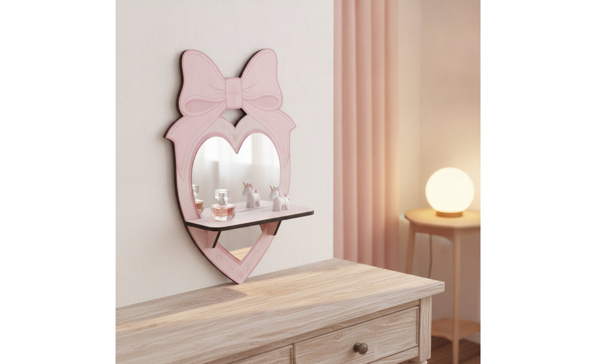 Whimsical Bow Wall Shelf with Mirror Cute Heart Shelf with Mirror Romantic Shelves Space-Saving for Bedroom