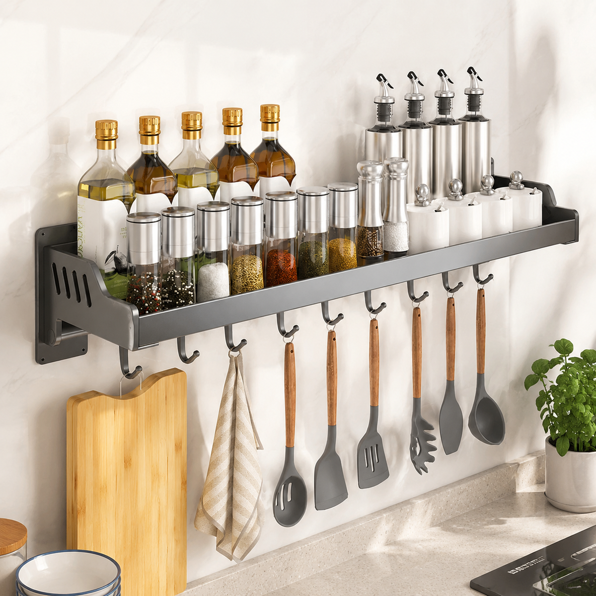 Kitchen Rack Wall Shelf, No Drill Required, Wall Shelf, Compatible with Rentals, Carbon Steel, 20cm Width, Seasoning Rack