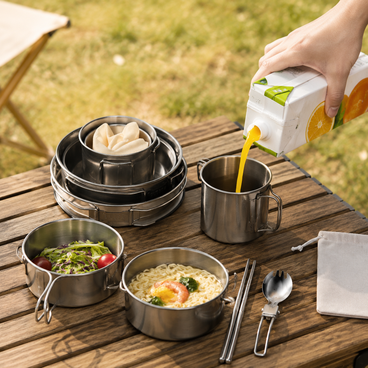 Stainless Steel Cookware Set, 5-piece, Camping Cooker, Foldable, For 2 People, Outdoor Cooking Utensils
