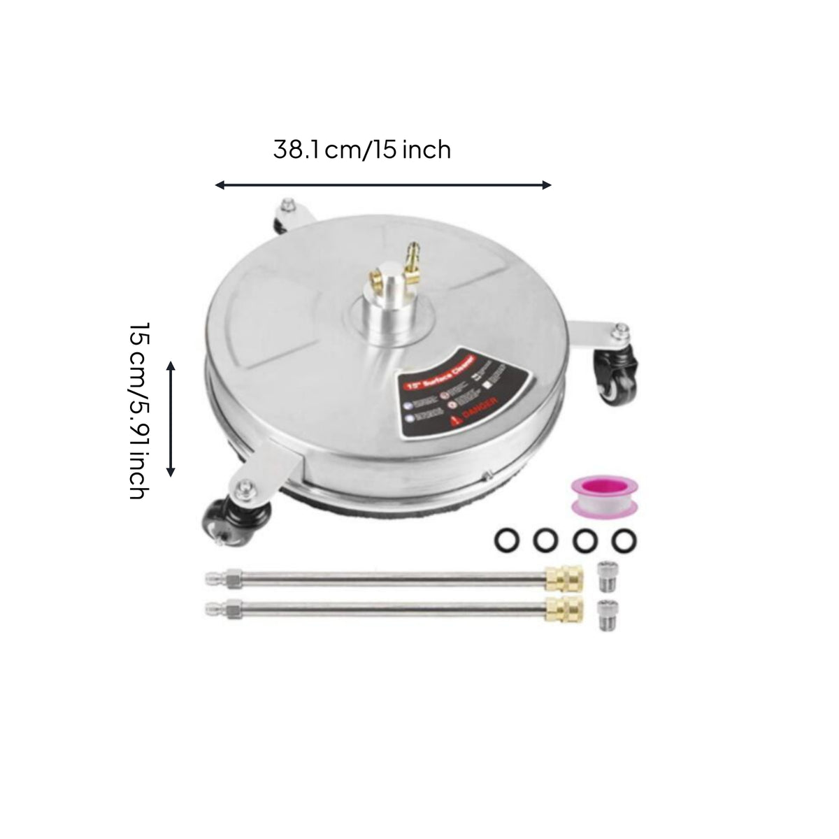 Surface Cleaner Attachment with Wheels 15-Inch Stainless Steel Surface Cleaner Easy to Use Rolling for Driveway, Patio