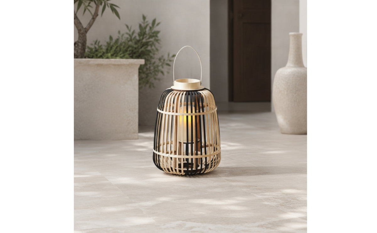 Open-Cage Bamboo Lantern Natural Woven Lantern Ambient Candle Holder with Handle Rustic for Tabletop, Floor, Patio, Garden