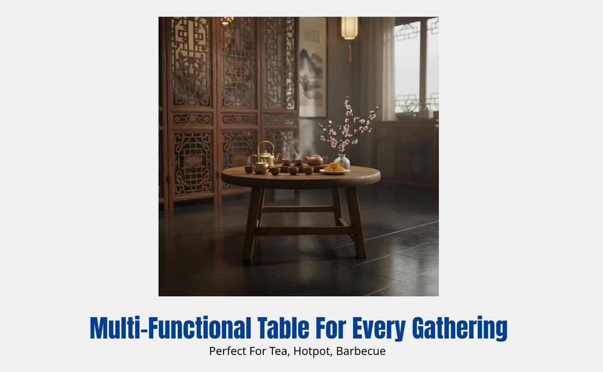 Elm Wood Tea Table, Premium Round Hardwood, Chinese Style, Multi-Functional Hot Pot Table