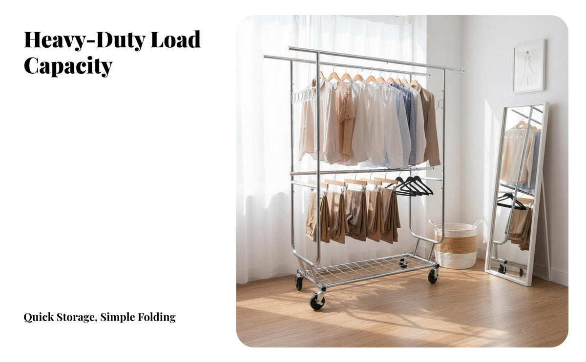 Foldable Heavy Duty Portable Clothes Rack Collapsible Design Double Rod Garment Rack Large Capacity Easy Assembly for Retail Shop Owners, Homeowners, Students, Boutique, Bedroom, Laundry Room, Entryway