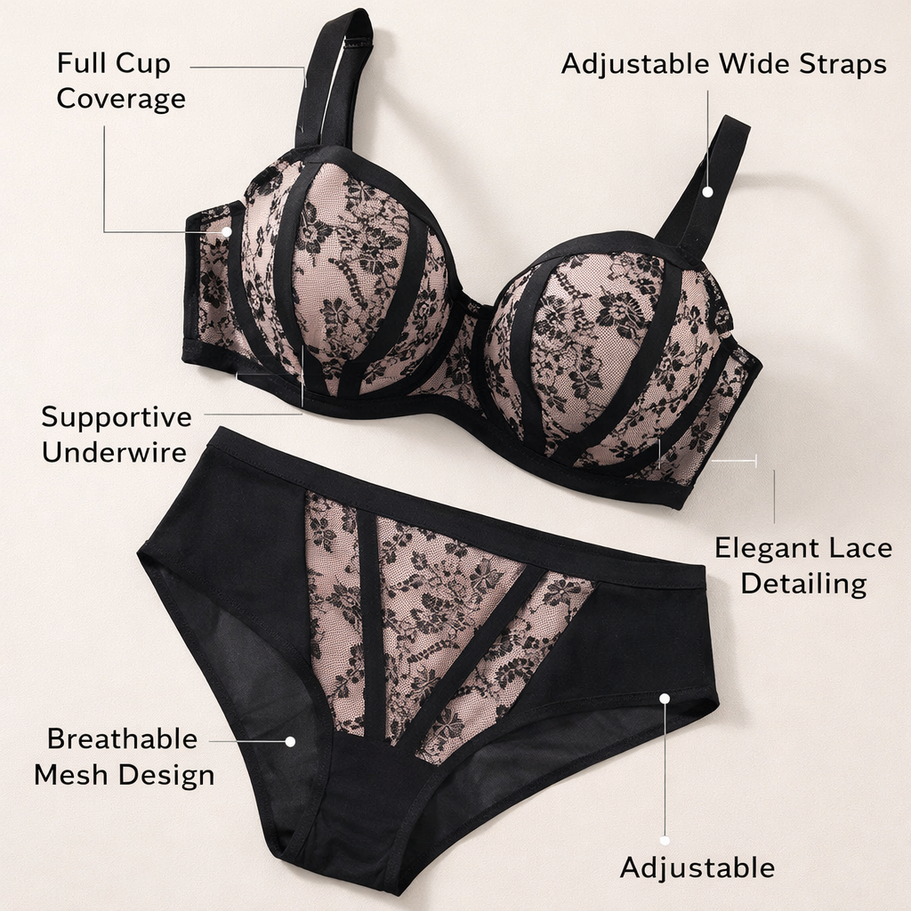 Lingerie Set with Full Coverage Underwire Bra and Matching Panty, Supportive Mesh Detail Design for Everyday Casual Wear, Non-Padded Cups for Shape