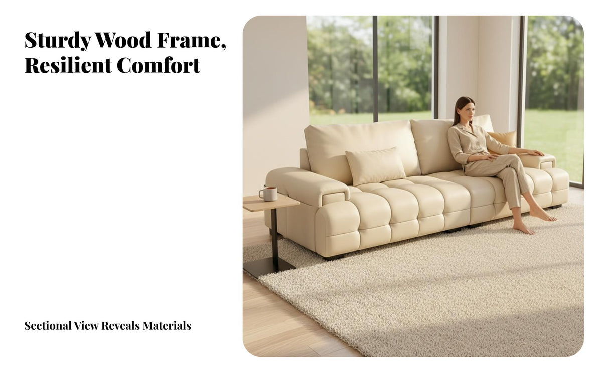 Straight-Line 3-Seater Sofa Top-Grain Cowhide Upholstered 3-Seater Couch Modern Minimalist Design Living Room Seating for Apartment Dwellers, Families